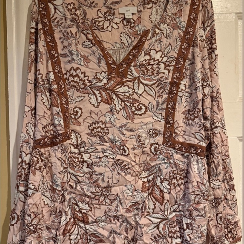 J. Jill Pink and Brown V-Neck Bishop Sleeve Blouse